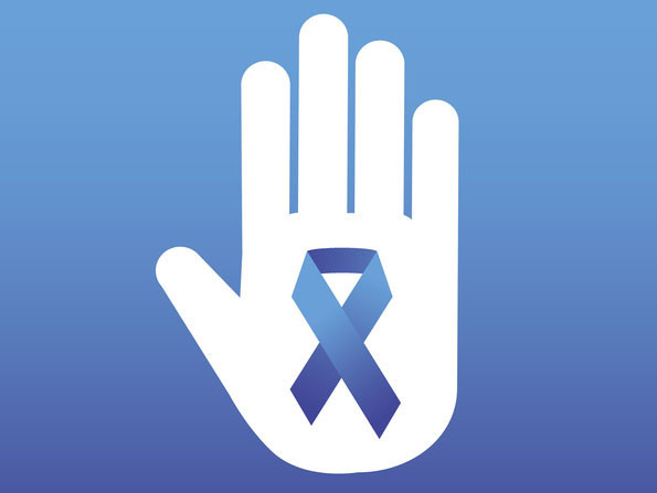 illustration outline of a hand against a blue background with a blue ribbon on the palm symbolizing prostate cancer research